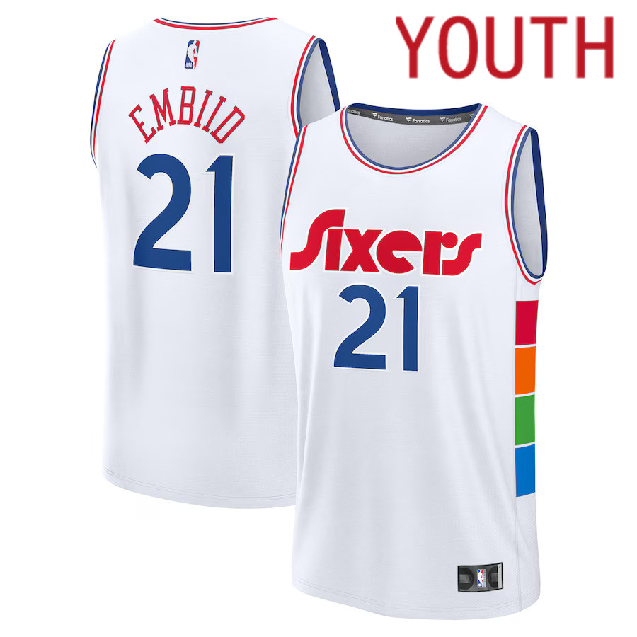 Youth Philadelphia 76ers #21 Joel Embiid Fanatics White City Edition 2024-25 Fast Break Player NBA Jersey->philadelphia 76ers->NBA Jersey